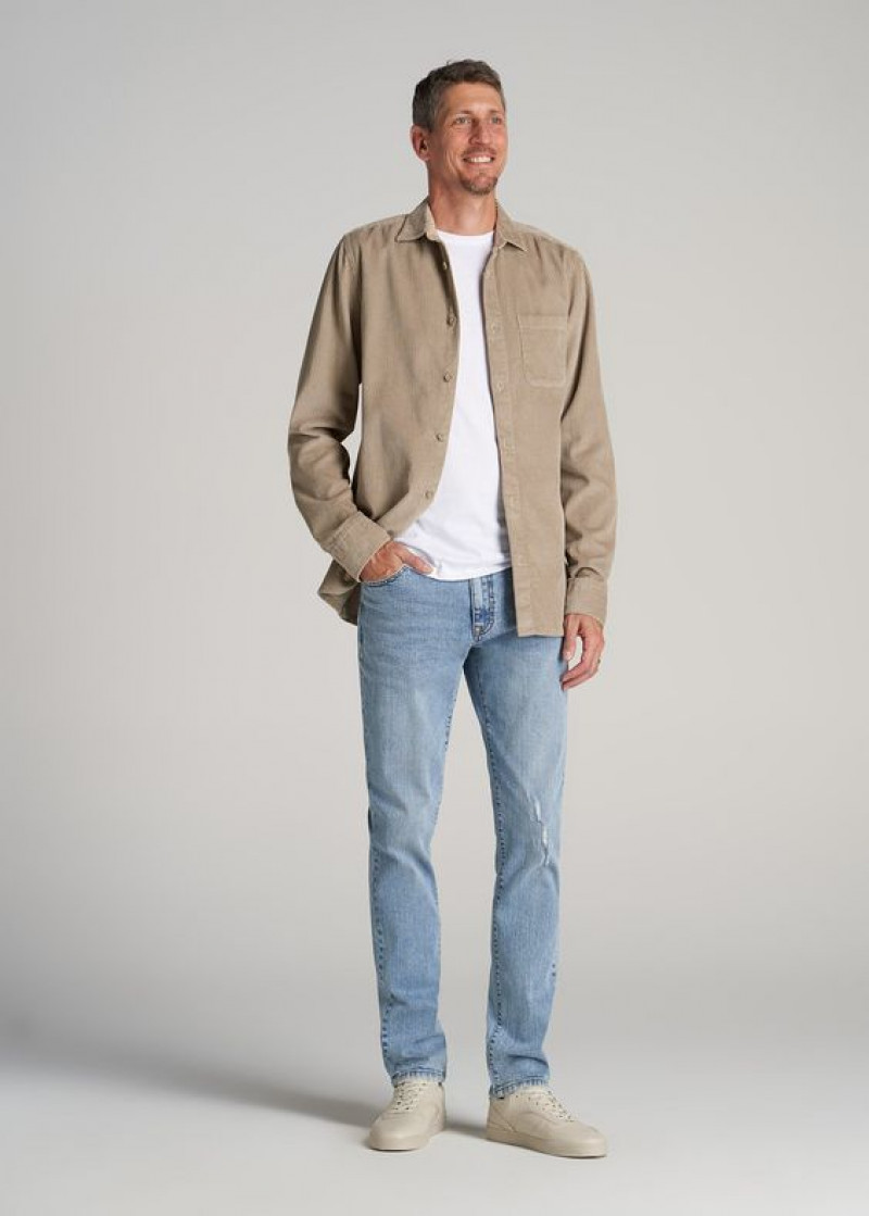 Beige Harrington Jacket, Light Blue Denim Casual Trouser, Men's Blue Jeans