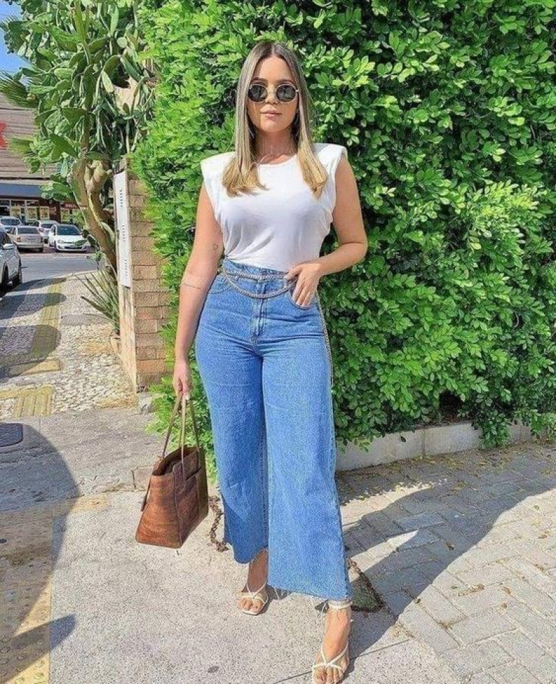White Sleeveless Crop Top, Light Blue Denim Casual Trouser, Outfit