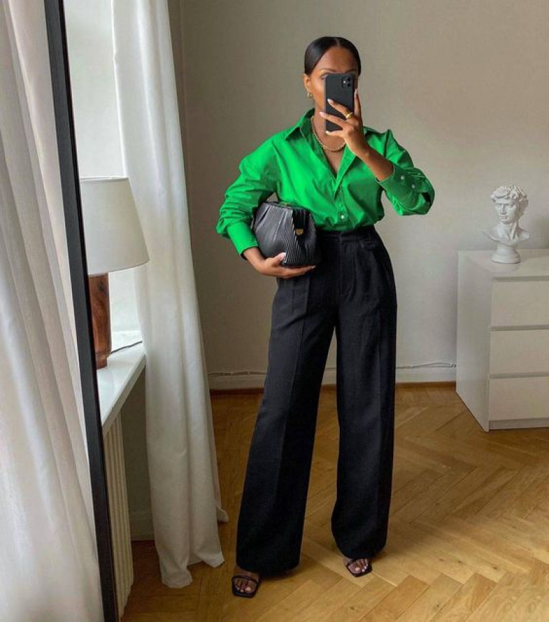 Green Long Sleeves Cropped Blouse, Black Denim Formal Trouser, Outfits