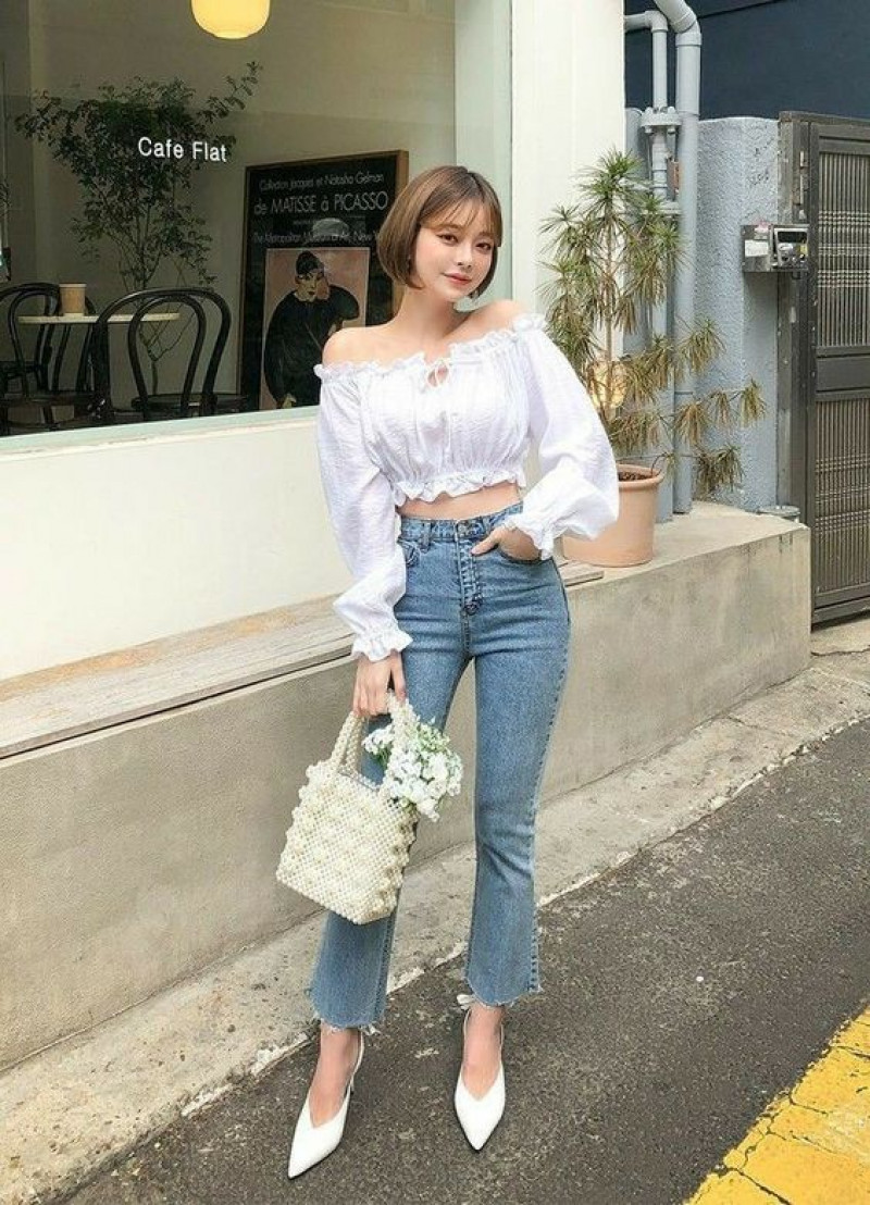 White Long Sleeves Bardot Top, Light Blue Denim Casual Trouser, Outfits With Short Hair