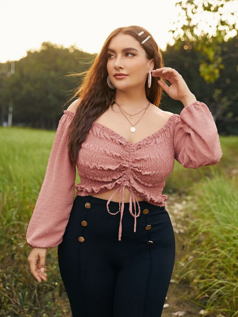 Pink Long Sleeves Cropped Blouse, Black Cotton Jeans, Crop Top Outfits