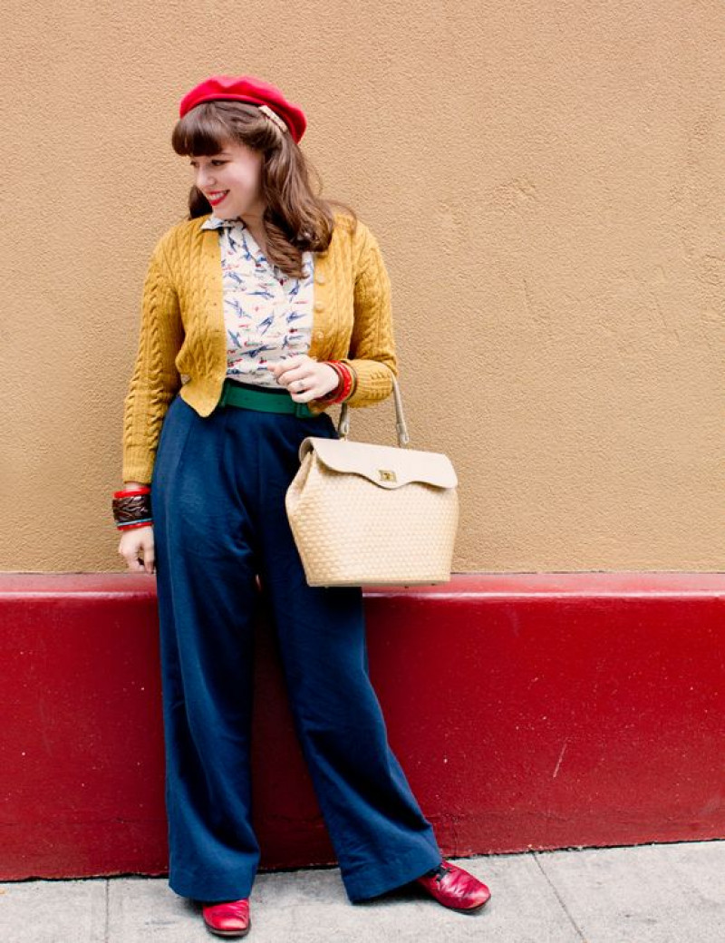 Yellow Long Sleeves Sweater, Dark Blue And Navy Velvet Casual Trouser, Modern Retro