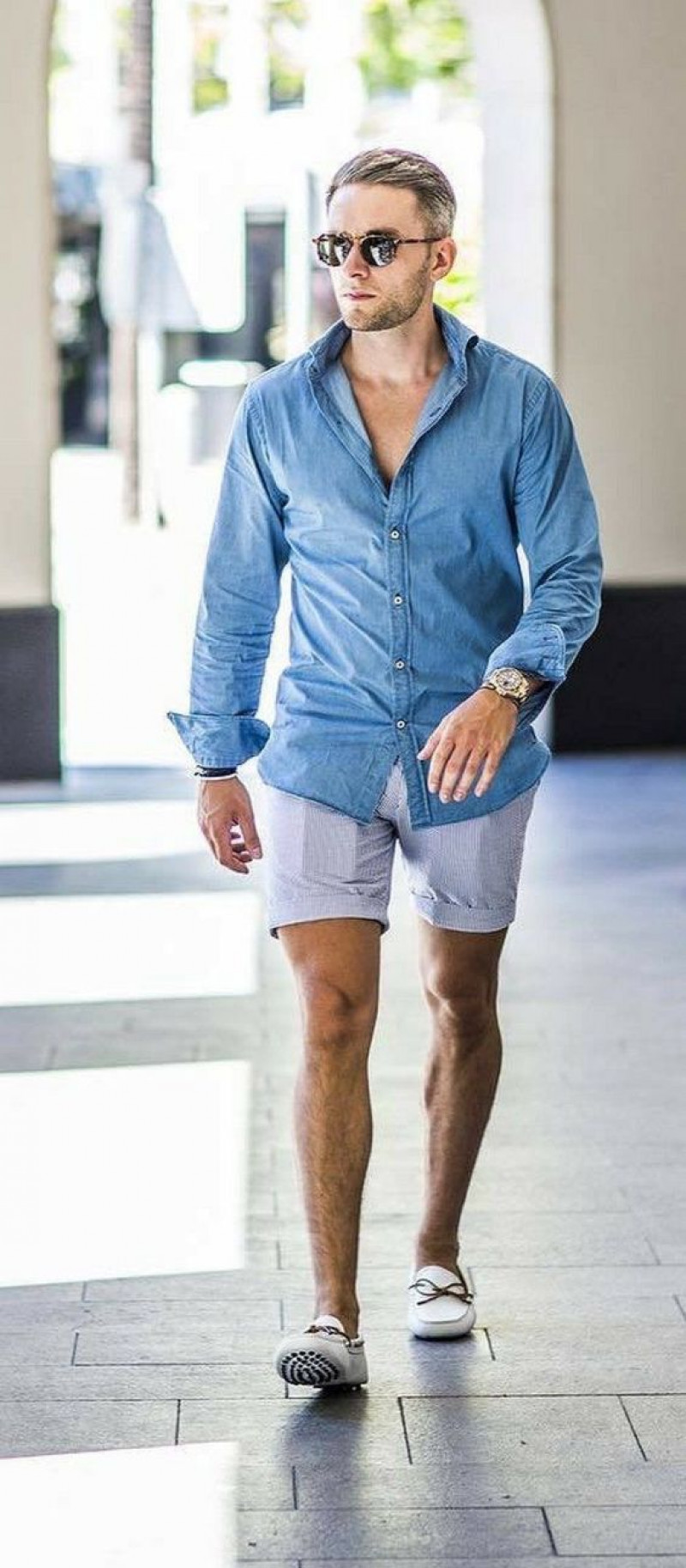 Light Blue Long Sleeves Denim Shirt, Light Blue Denim Jeans, Men's Loafer With Shorts