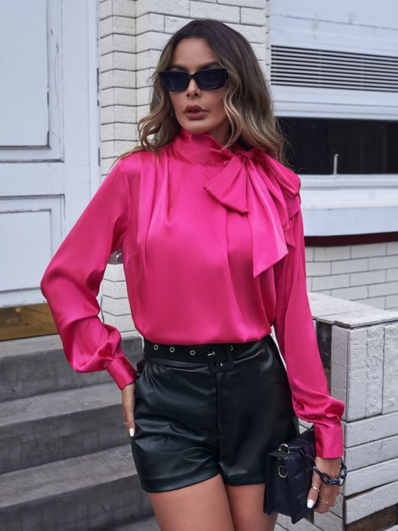 Pink Long Sleeves Cropped Blouse, Black Leather Hotpant, Outfits