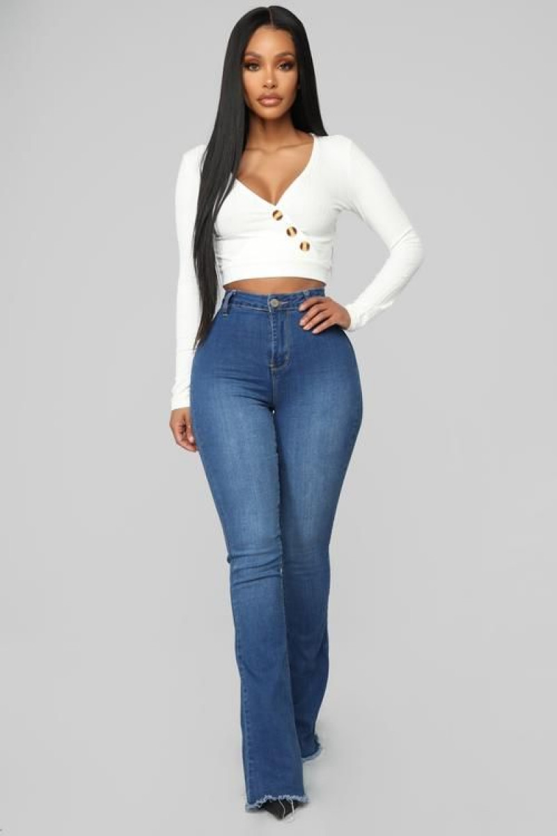White Long Sleeves Crop Top, Dark Blue And Navy Denim Casual Trouser, Outfit