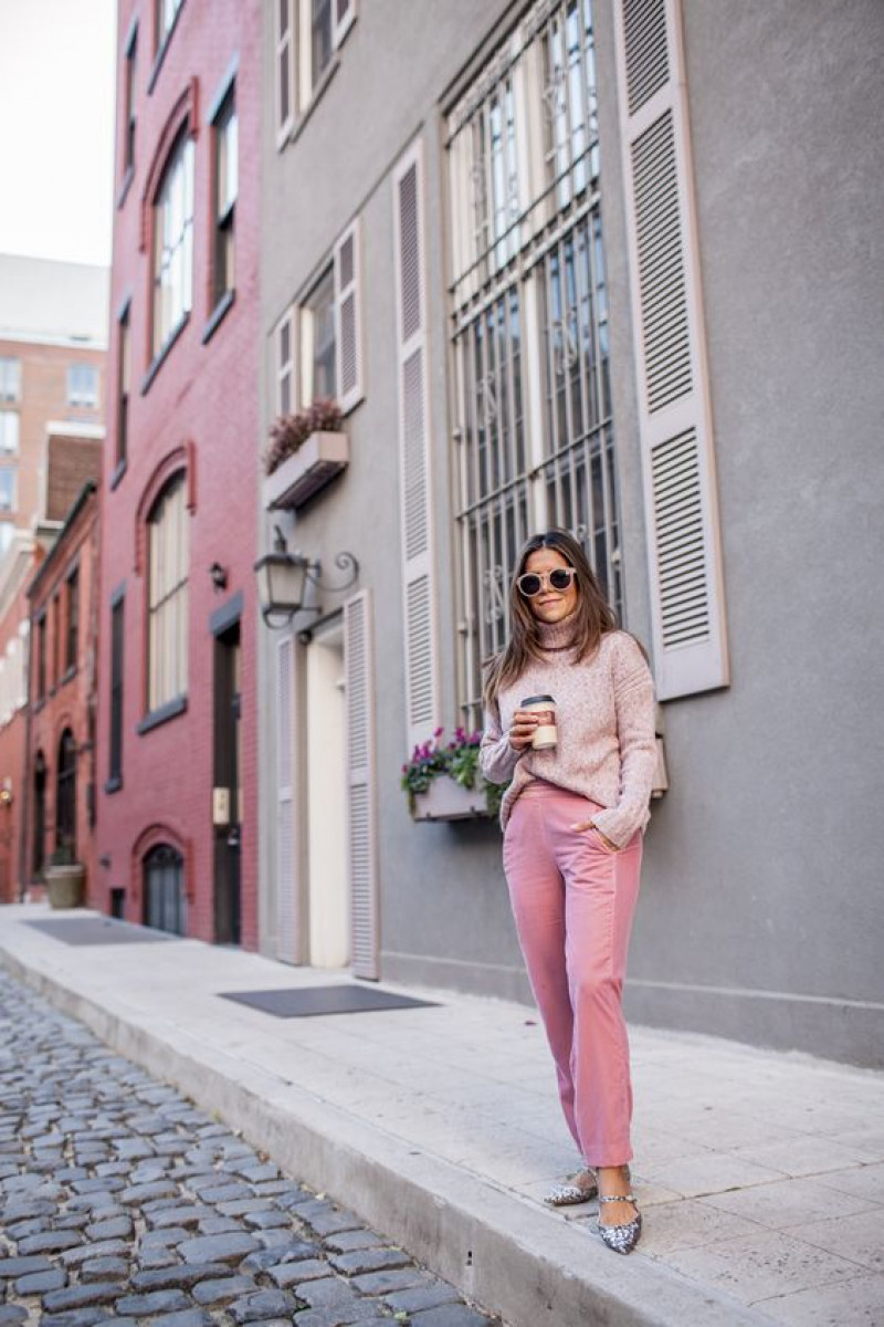 Pink Long Sleeves Sweater, Pink Cotton Casual Trouser, Pink Jeans Outfit