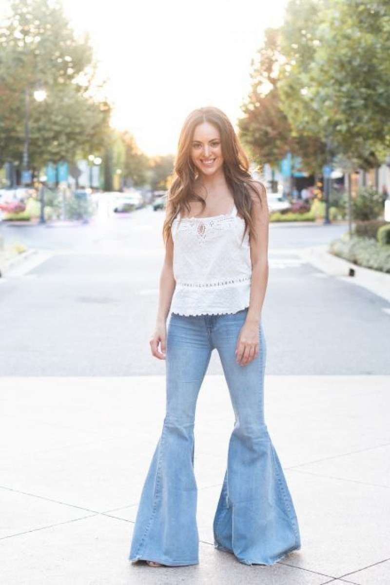 White Sleeveless Bardot Top, Light Blue Denim Casual Trouser, Bell Bottom Outfits