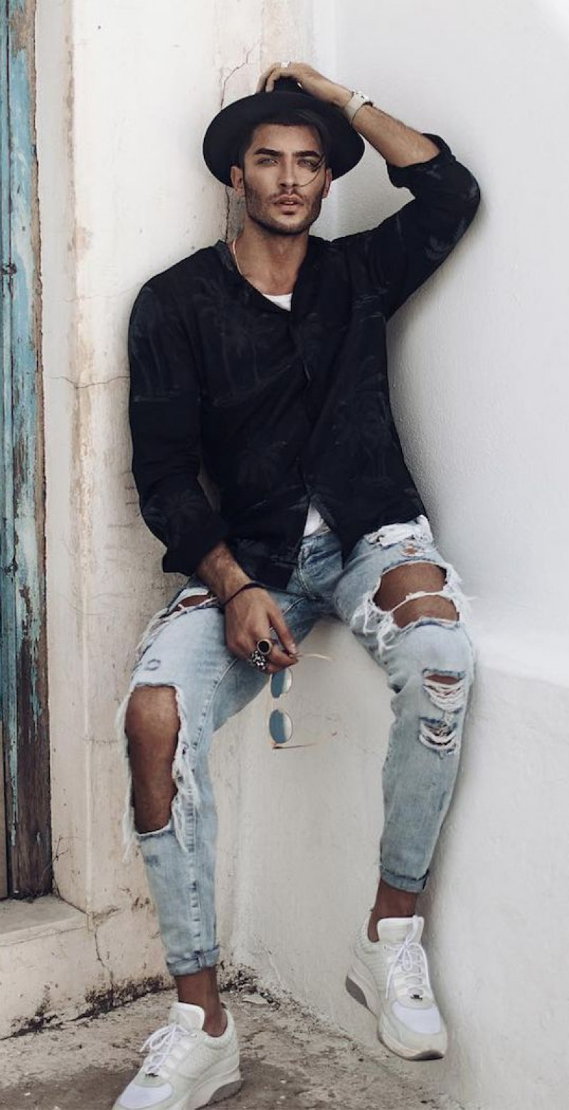 distressed denim and black layers