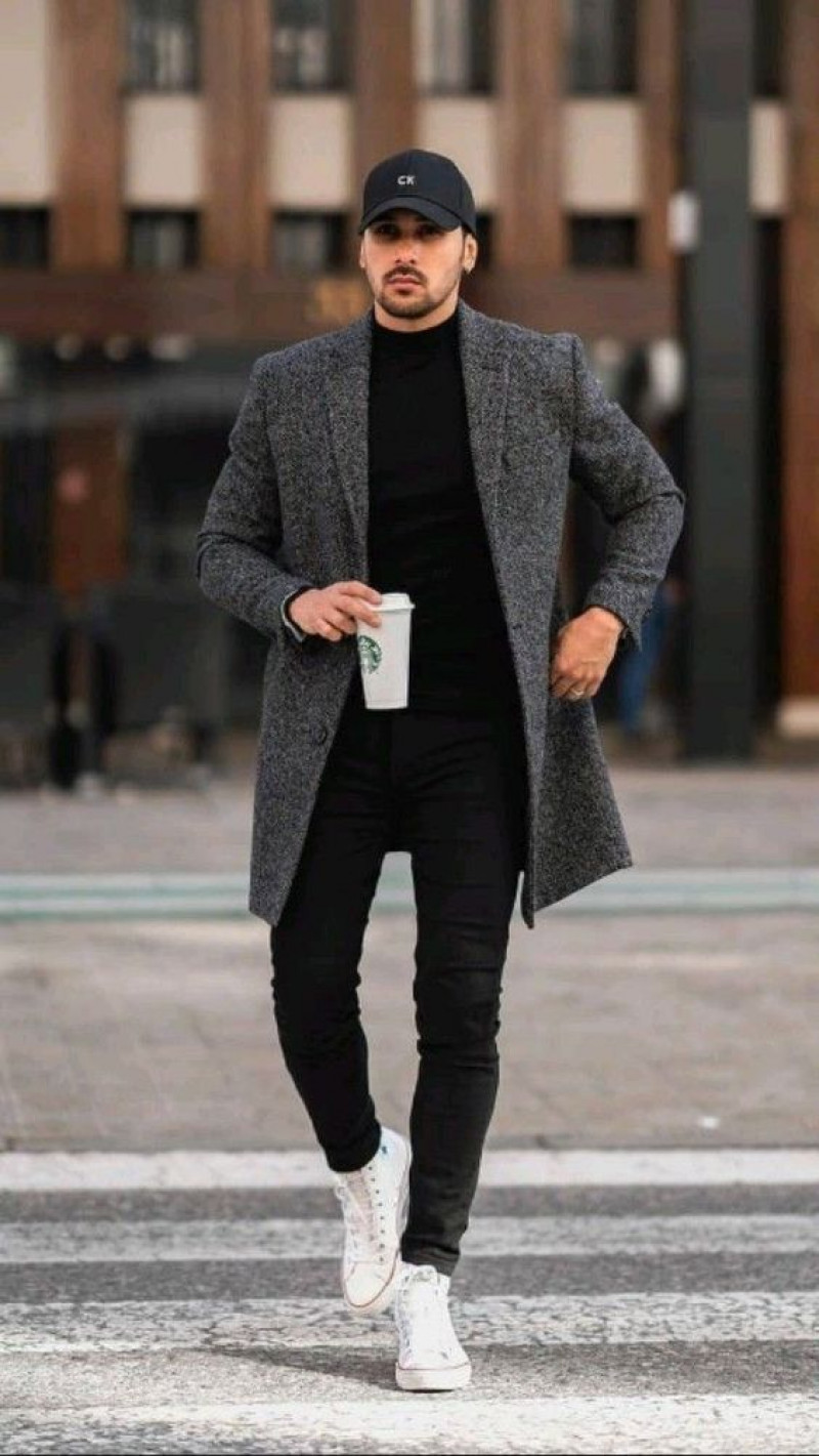 Grey Wool Coat, Black Denim Casual Trouser, Outfits