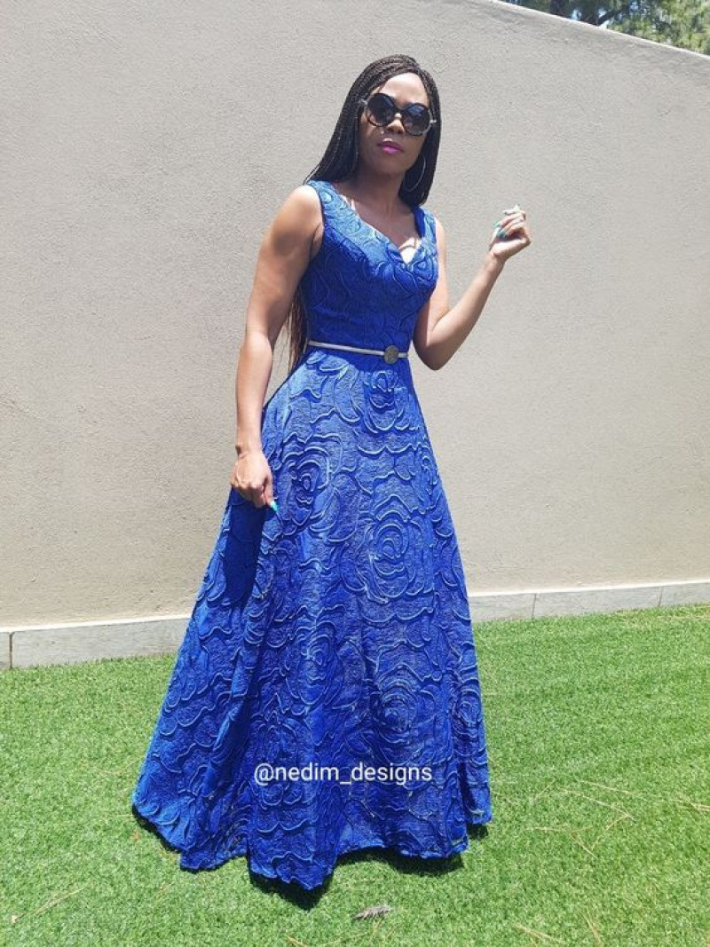 Light Blue Sleeveless Crop Top, Dark Blue And Navy Lace A-Line Skirt, Shweshwe Dresses