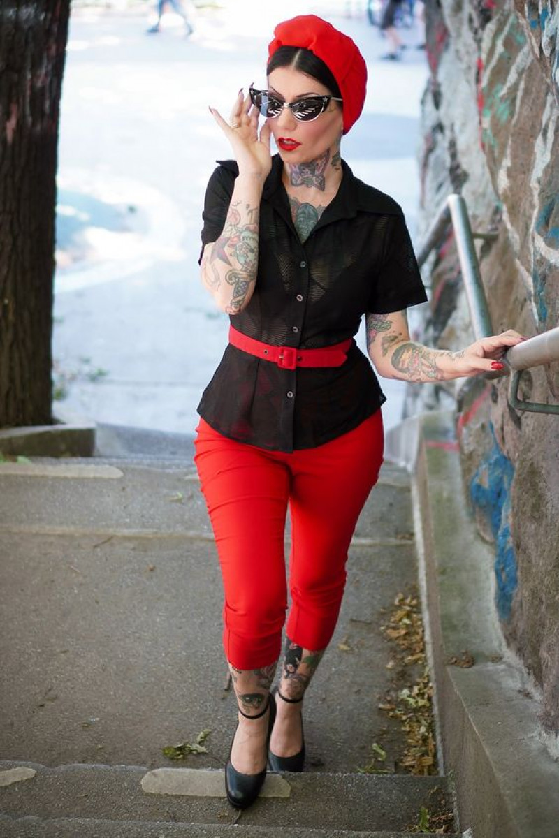 Black Short Sleeves Shirt, Red Silk Jeans, Modern Retro