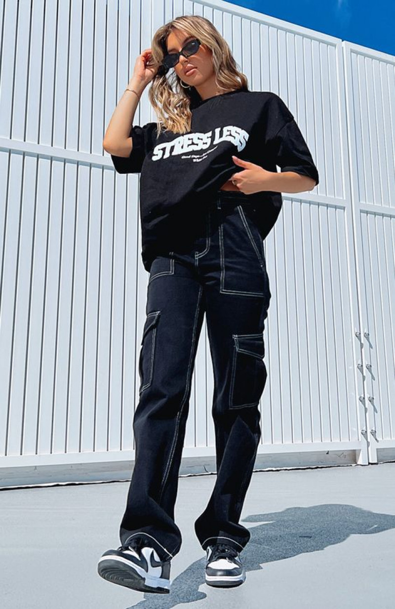 Black Short Sleeves T-Shirt, Dark Blue And Navy Velvet Cargo, Black Cargo Pants Outfit