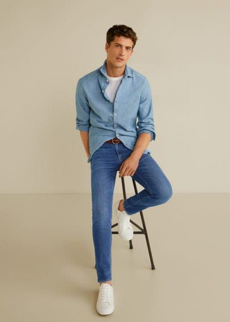 Light Blue 3/4 Sleeves Denim Shirt, Dark Blue And Navy Denim Casual Trouser, Men's Blue Jeans