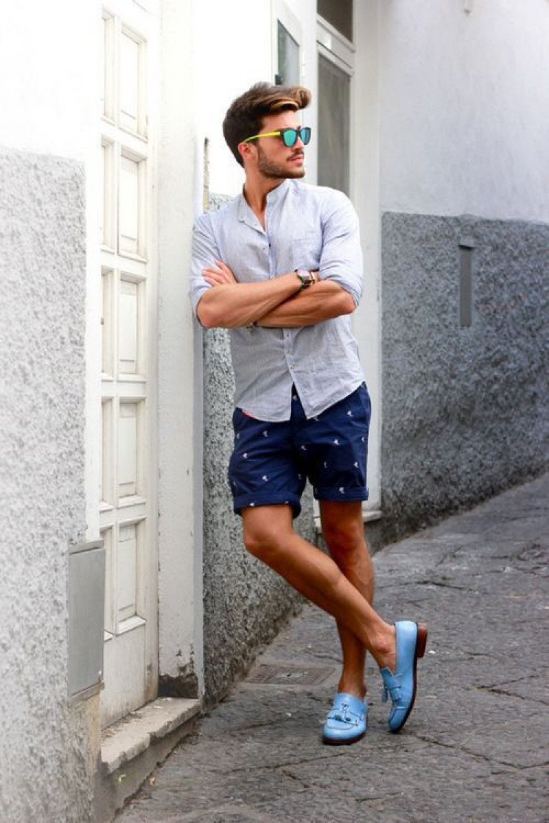 Light Blue 3/4 Sleeves Shirt, Dark Blue And Navy Denim Sweat Pant, Men's Loafer With Shorts