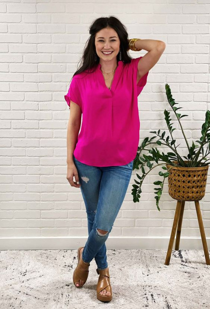 Pink Short Sleeves Tunic, Dark Blue And Navy Denim Casual Trouser, Outfits