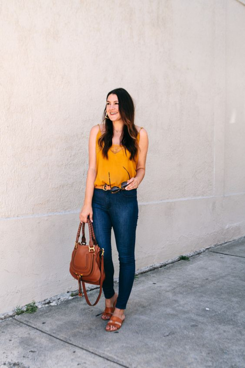 Yellow Sleeveless Top, Dark Blue And Navy Denim Casual Trouser, Yellow Top With Jeans