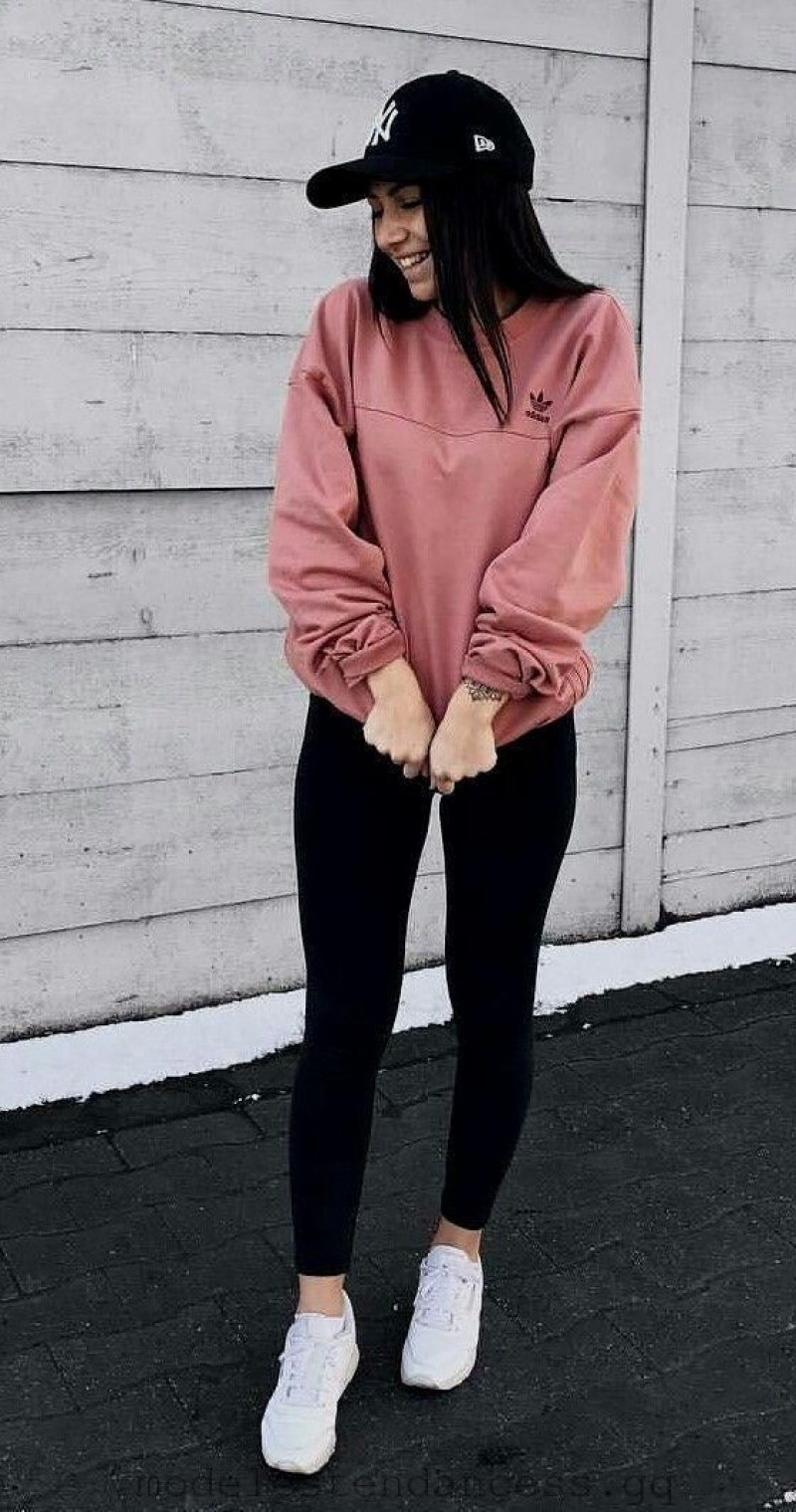 Pink Long Sleeves Cropped Blouse, Black Denim Sportswear Legging, Black Jeans And White Shoes Outfits