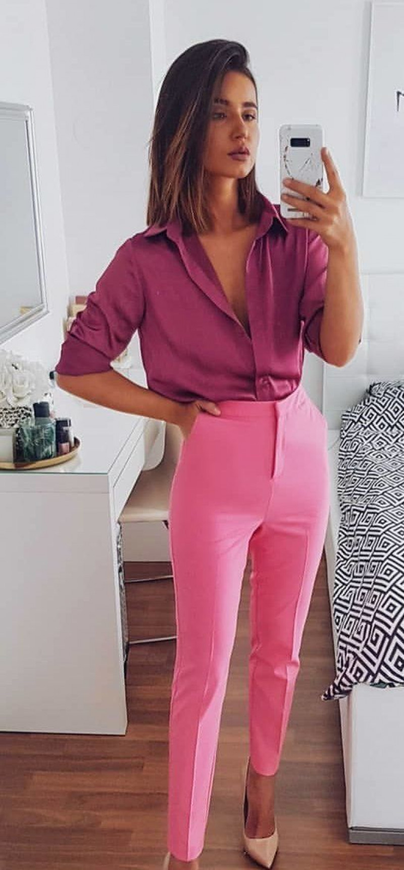 Purple And Violet 3/4 Sleeves Cropped Blouse, Pink Cotton Casual Trouser, Pink Jeans Outfit