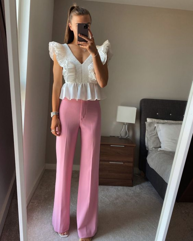 White Short Sleeves Crop Top, Pink Silk Casual Trouser, Outfits Ideas