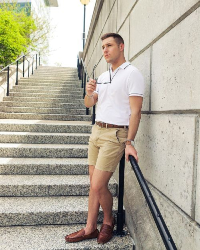 White Short Sleeves Polo-Shirt, Beige Casual Short, Men's Loafer With Shorts