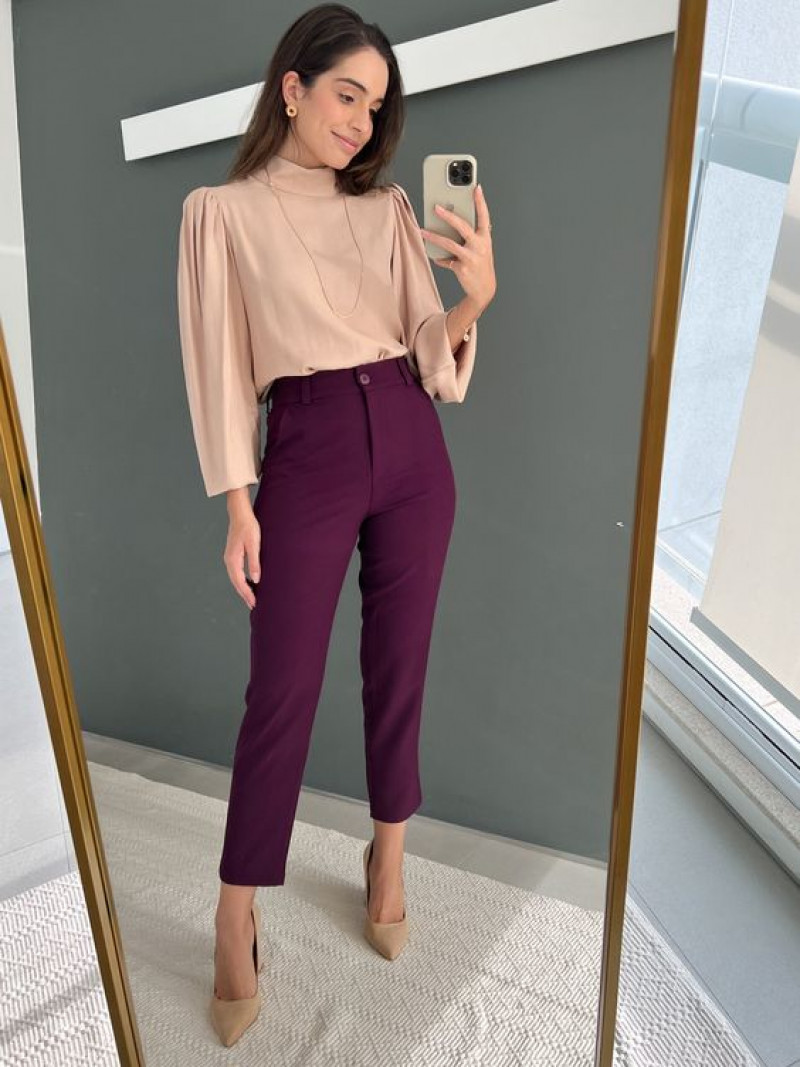 Pink 3/4 Sleeves Cropped Blouse, Purple And Violet Silk Casual Trouser, Outfits