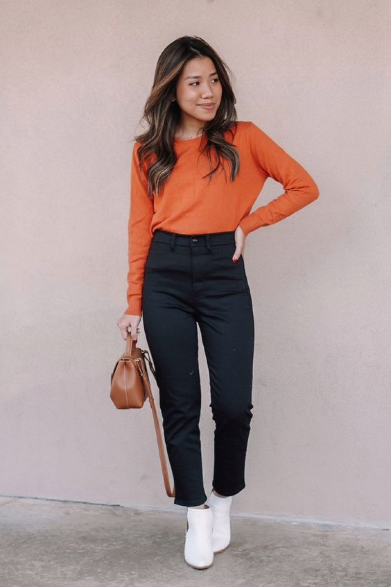 Orange Long Sleeves Sweater, Dark Blue And Navy Cotton Casual Trouser, Black Jeans And White Shoes Outfits
