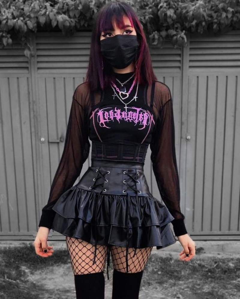 Purple And Violet Long Sleeves Upper, Black Leather Leather Skirt, Punk Outfits Ideas