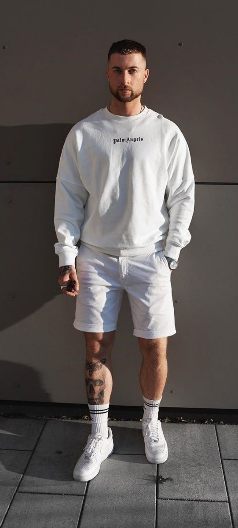 White Long Sleeves Sweatshirt, White Denim Denim Short, White Outfit