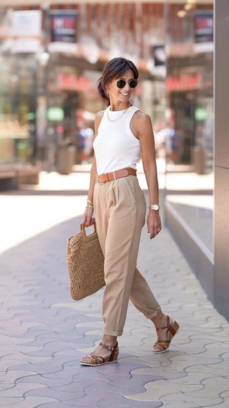 White Sleeveless Crop Top, Beige Cotton Sweat Pant, Outfits