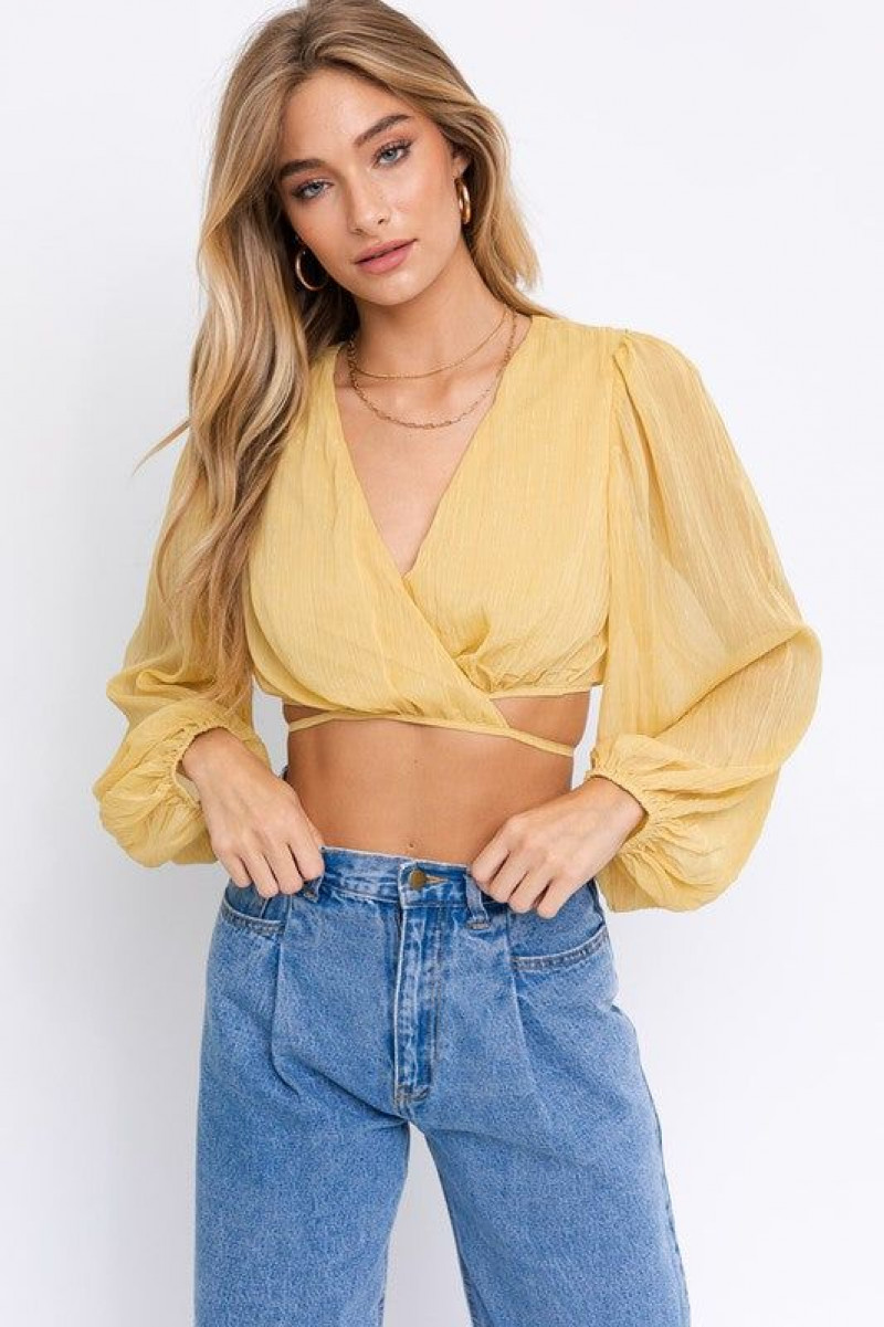 Yellow Long Sleeves Wrap Top, Light Blue Denim Jeans, Yellow Top With Jeans