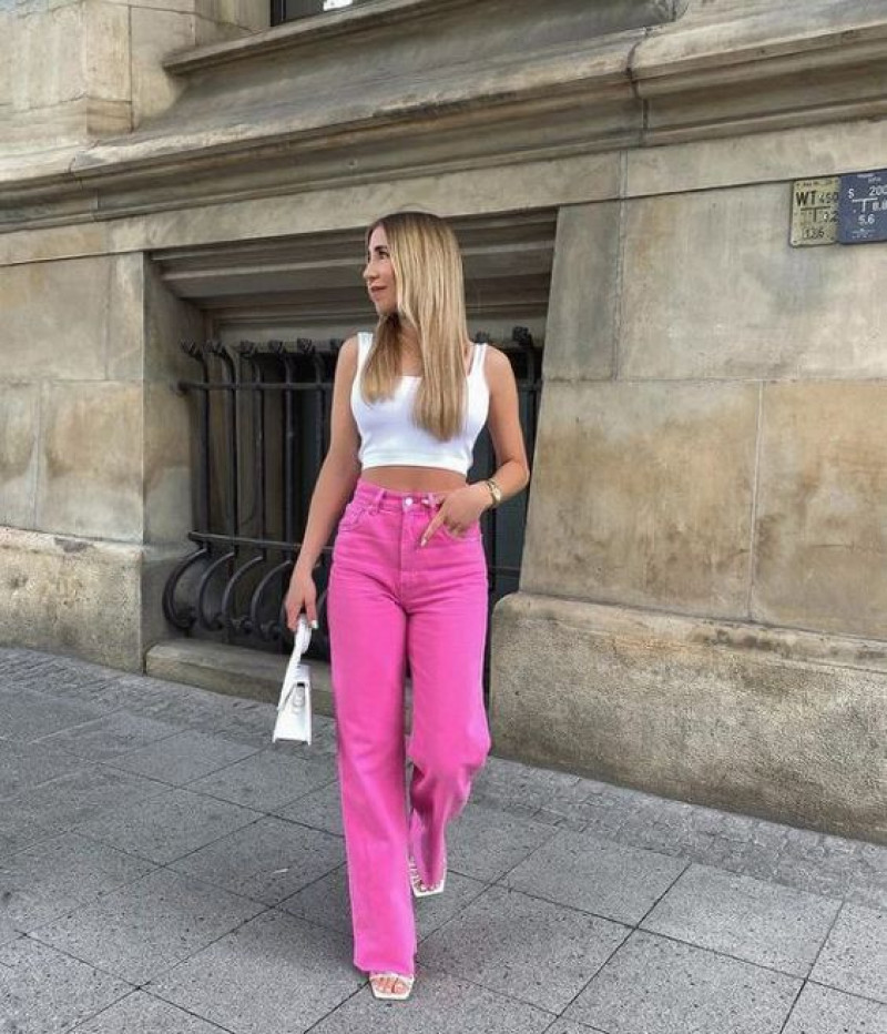 White Sleeveless Crop Top, Pink Cotton Casual Trouser, Pink Jeans Outfit