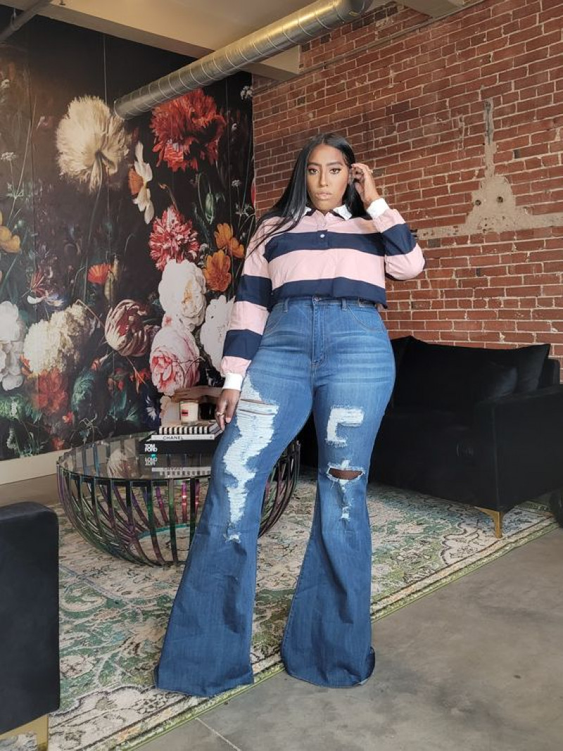 Long Sleeves Cropped Blouse, Light Blue Denim Casual Trouser, Jeans Outfit