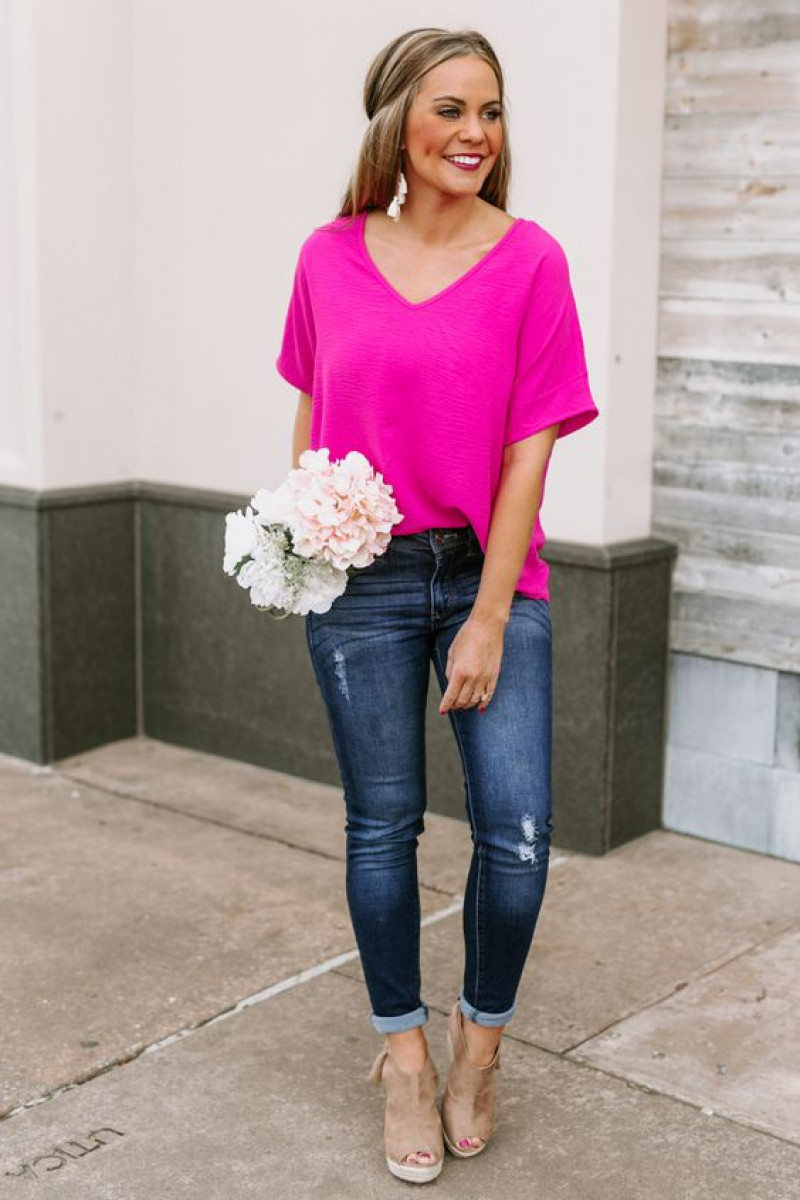 Pink Short Sleeves T-Shirt, Dark Blue And Navy Denim Casual Trouser, Outfits