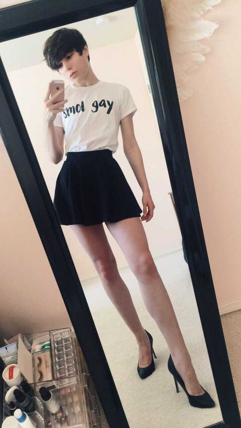 White Short Sleeves T-Shirt, Black Denim Denim Skirt, Femboy Outfits