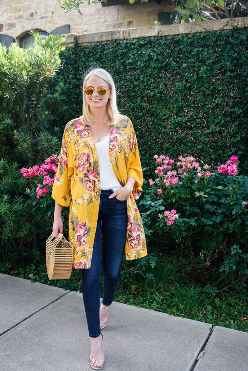 Yellow 3/4 Sleeves Tunic, Dark Blue And Navy Denim Casual Trouser, Kimono Outfit