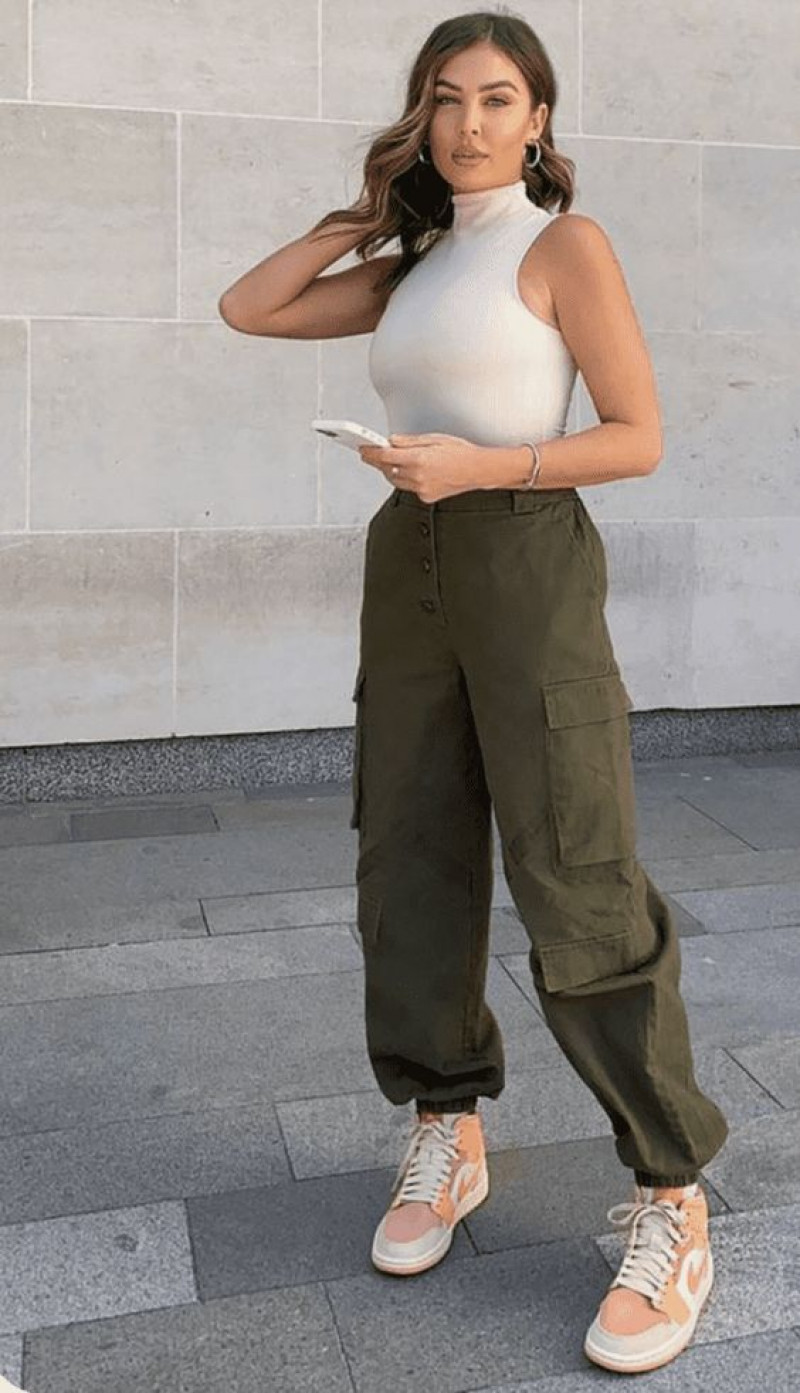 White Sleeveless Top, Green Linen Casual Trouser, Green Cargo Pants Outfit