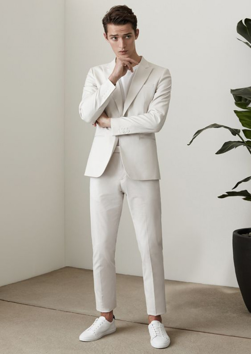 Beige Suit Jackets And Tuxedo, White Cotton Casual Trouser, White Outfit