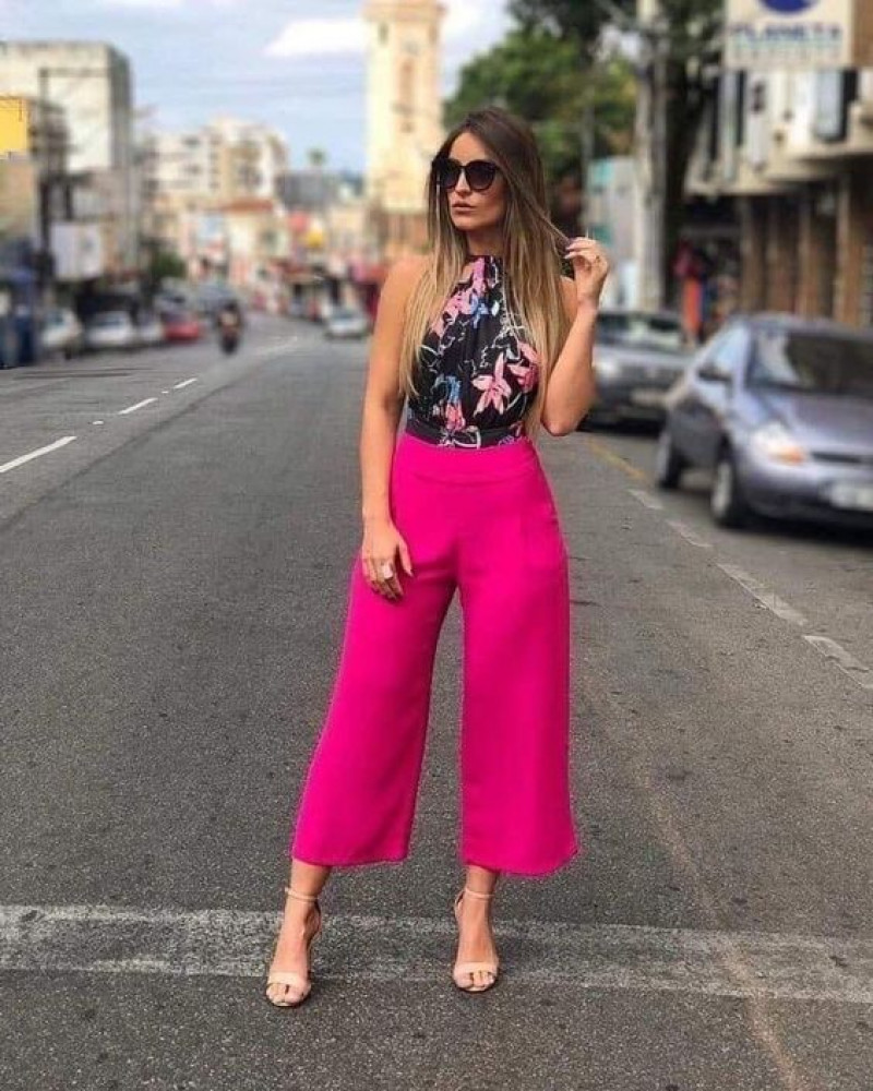 Sleeveless Bardot Top, Pink Silk Casual Trouser, Outfit