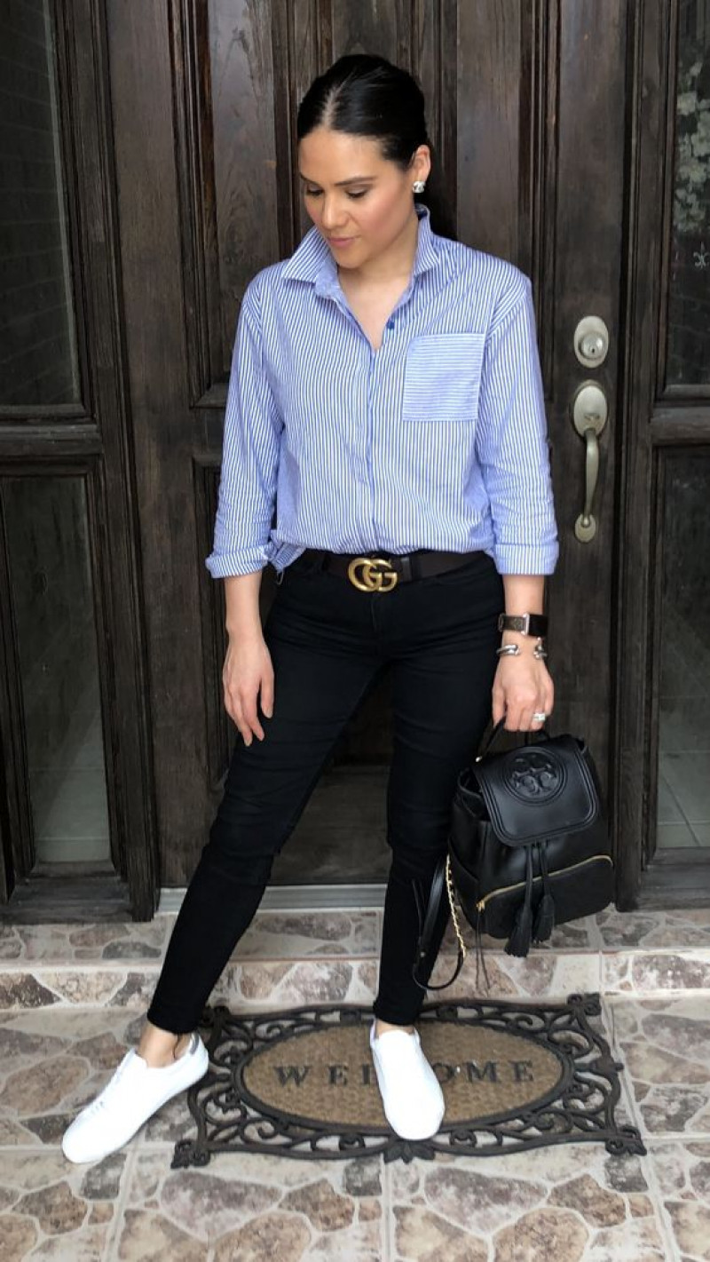 Light Blue 3/4 Sleeves Shirt, Black Casual Trouser, Black Jeans And White Shoes Outfits