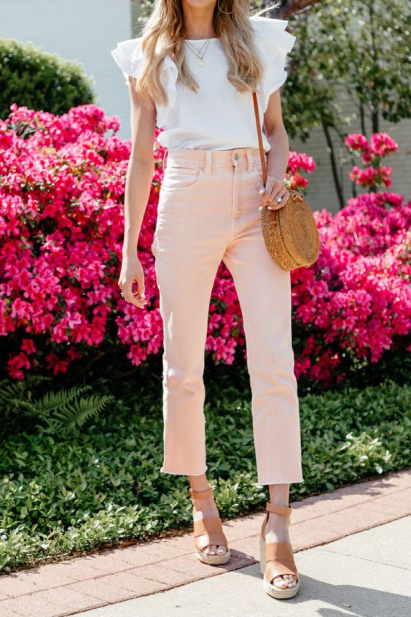 White Short Sleeves Crop Top, Pink Casual Trouser, Pink Jeans Outfit