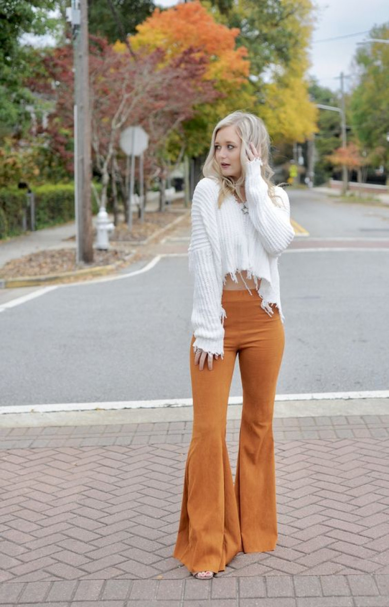 White Long Sleeves Sweater, Orange Linen Beach Pant, Bell Bottom Outfits