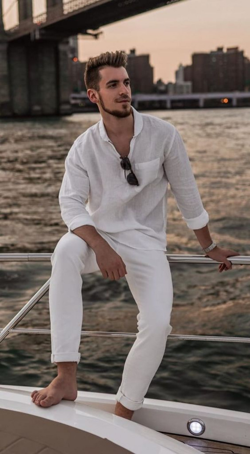 White Long Sleeves Shirt, White Cotton Sweat Pant, White Outfit