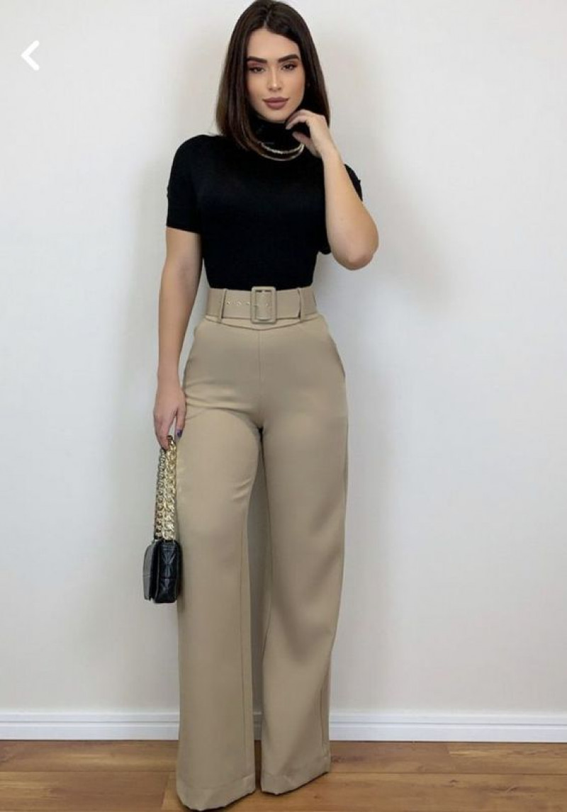 Black Short Sleeves Top, Beige Silk Casual Trouser, Outfits