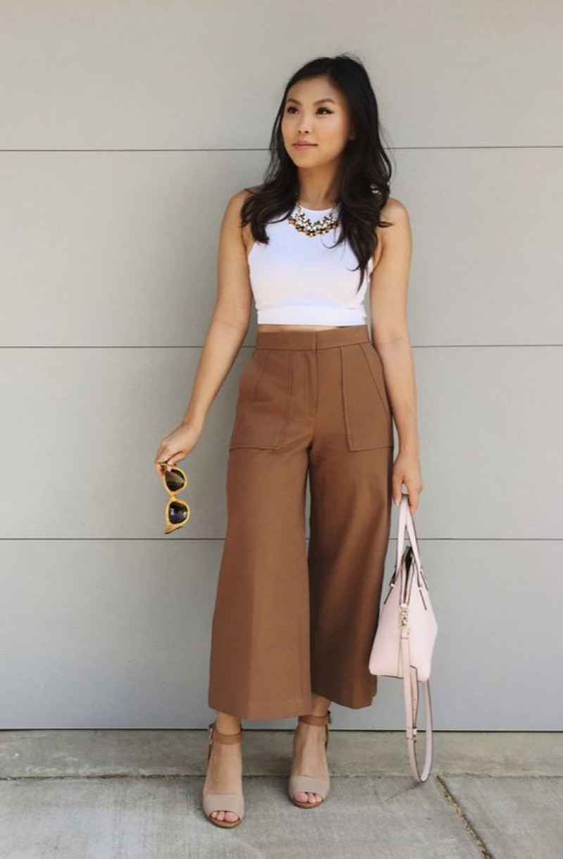 White Sleeveless Crop Top, Brown Cotton Casual Trouser, Outfit