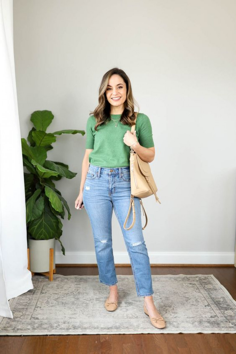 Green Short Sleeves Sweater, Light Blue Denim Casual Trouser, Outfits
