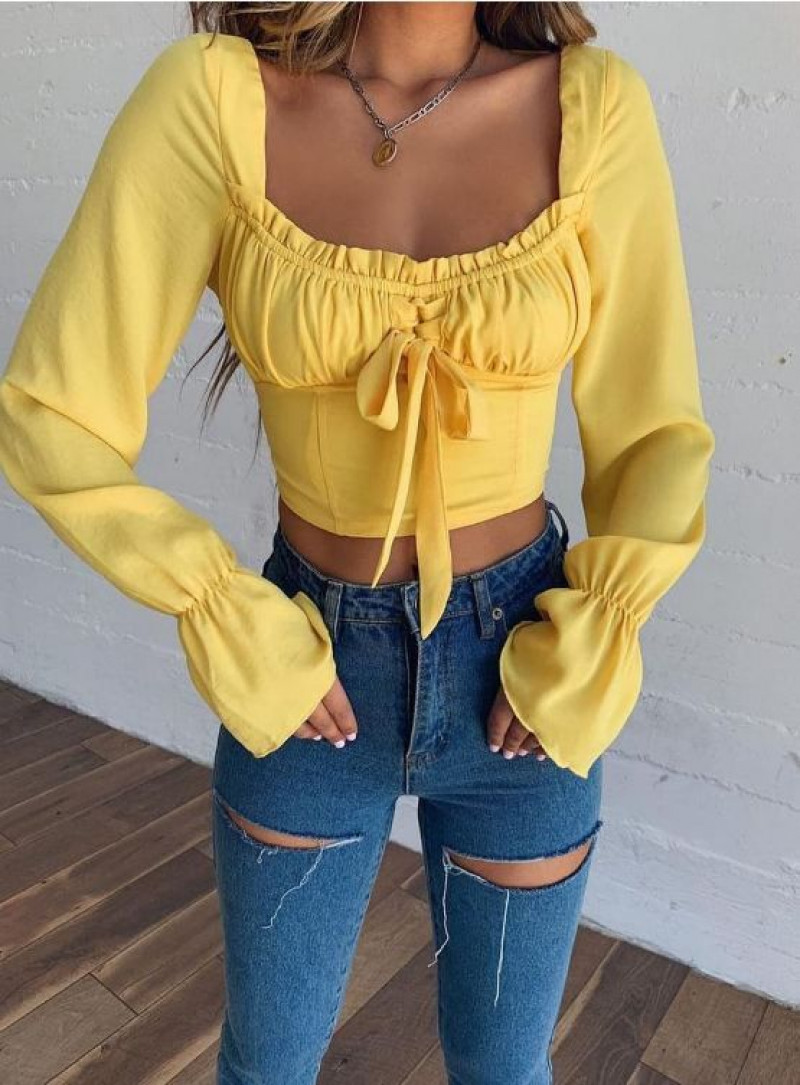 Yellow Long Sleeves Cropped Blouse, Dark Blue And Navy Denim Jeans, Yellow Top With Jeans