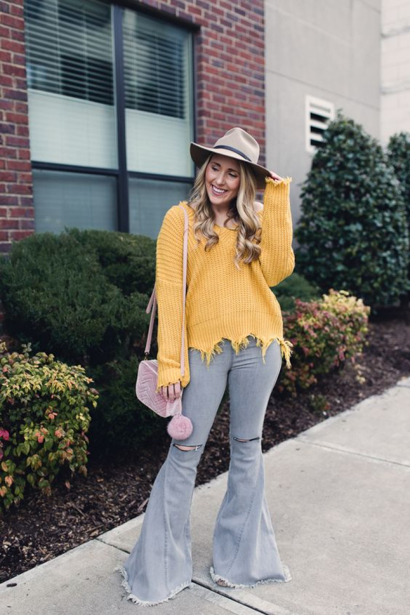Yellow Long Sleeves Sweater, Light Blue Denim Casual Trouser, Bell Bottom Outfits