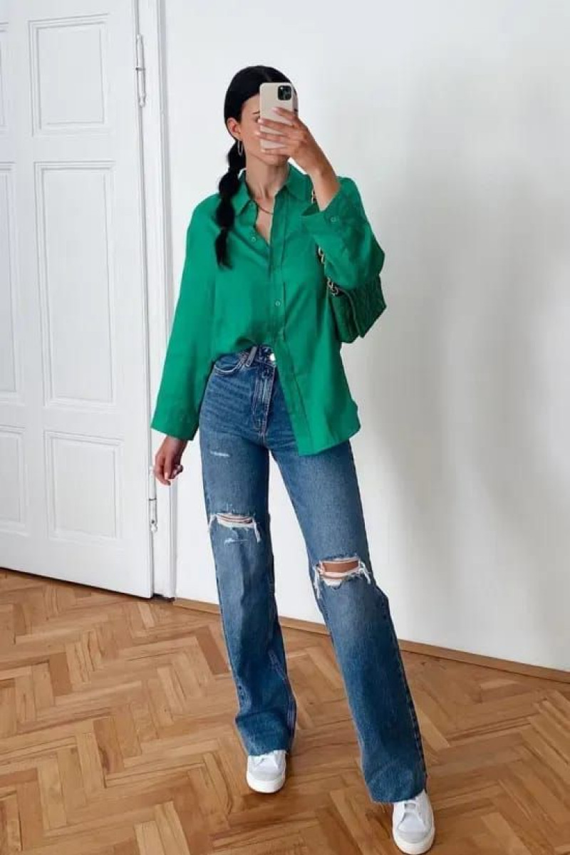 Green Long Sleeves Shirt, Light Blue Denim Casual Trouser, Outfits