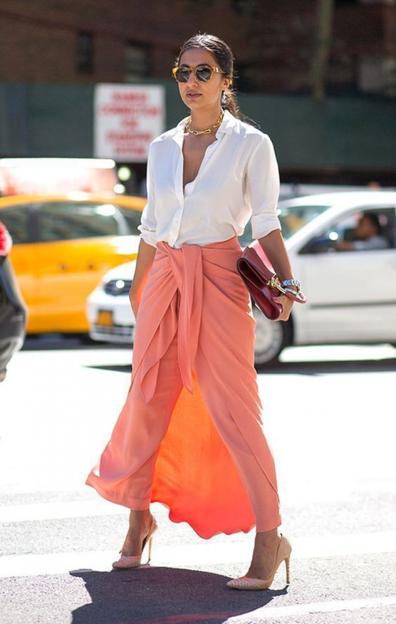 White 3/4 Sleeves Shirt, Orange Silk Casual Trouser, Coral Outfits