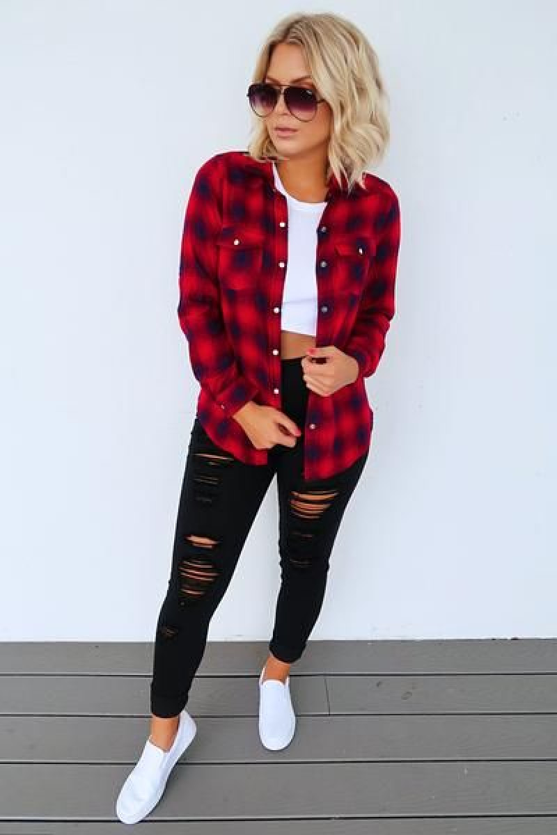 Red Long Sleeves Shirt, Black Cotton Sportswear Legging, Black Jeans And White Shoes Outfits